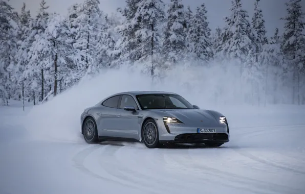 Картинка снег, серый, движение, Porsche, занос, 2020, Taycan, Taycan 4S