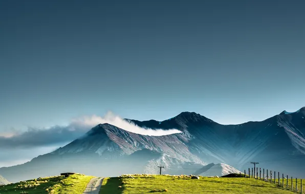 Картинка дорога, небо, облака, природа, столбы, Новая Зеландия