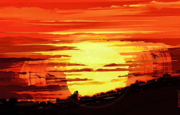 Закат, Солнце, Облака, Рисунок, Sunset, Aenami, by Aenami, Alena Aenami