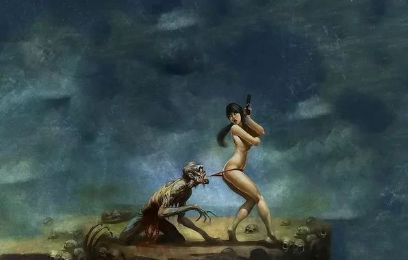 Skull, girl, gun, Zombie, fantasy, artwork, situation, humor