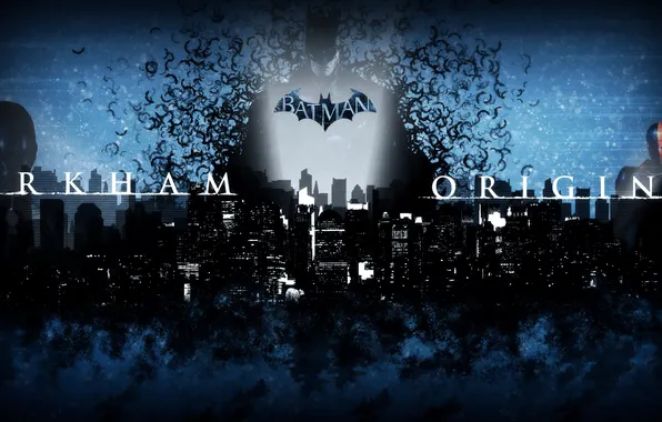 Картинка Черный, Ночь, Город, Снег, Мыши, Batman, Batman: Arkham Origins, Летучие