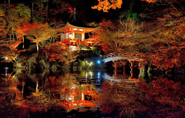 Картинка листья, деревья, ночь, мост, озеро, дом, отражение, фонари