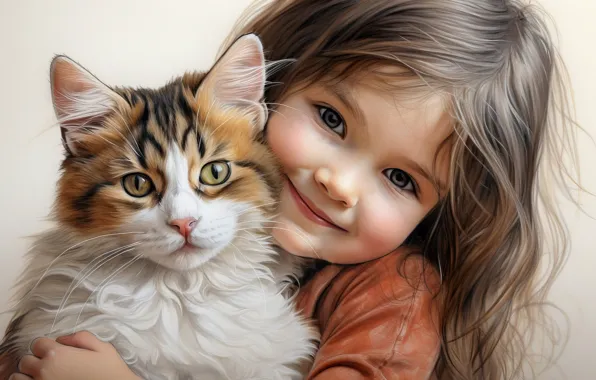Картинка портрет, девочка, кошка, настроение, друзья, неросеть