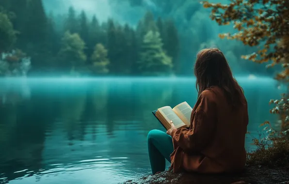 Лес, девушка, туман, озеро, отражение, берег, утро, дымка