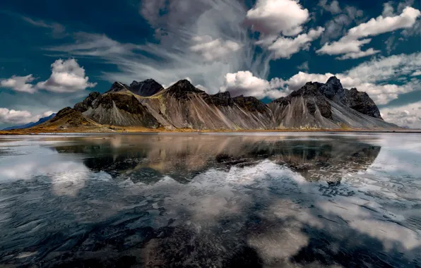 Облака, горы, залив, Исландия, Iceland, Vestrahorn, Stokksnes