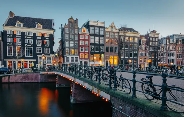 Картинка мост, здания, дома, Амстердам, канал, Нидерланды, Amsterdam, велосипеды