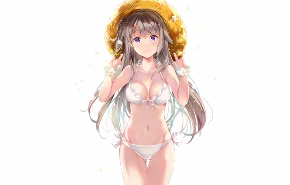 Girl, sexy, cleavage, long hair, brown hair, boobs, anime, flowers