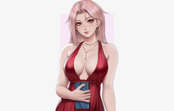 Girl, sexy, cleavage, pink hair, long hair, dress, boobs, anime