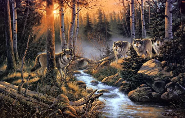 Картинка лес, природа, ручей, стая, арт, волки