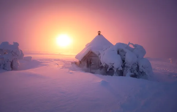 Картинка зима, солнце, пейзаж, природа, избушка, домик, Лапландия, снега