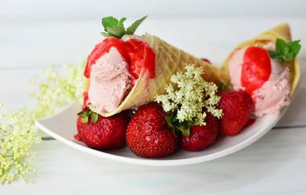 Цветы, клубника, рожок, Strawberry, вафельный, Ice cream
