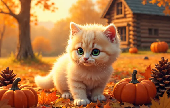 Осень, кошка, взгляд, свет, поза, дом, котенок, дерево