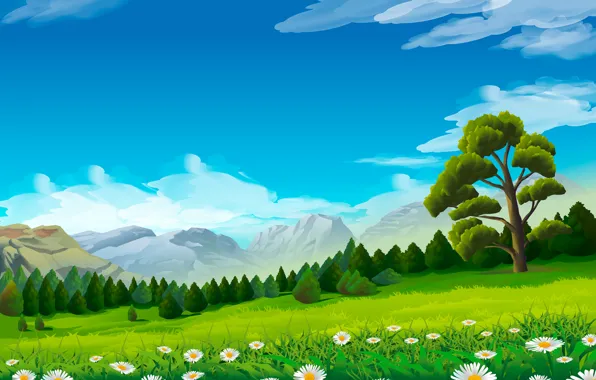 Картинка пейзаж, горы, дерево, ромашки, луг