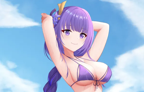 Girl, sexy, wet, cleavage, sky, long hair, boobs, anime
