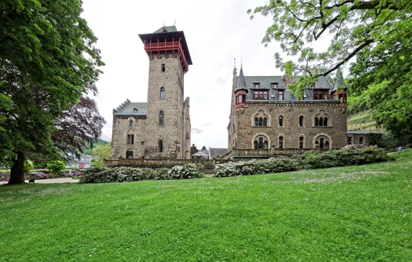 Картинка Kobern-Gondorf, Schloss Liebig, кусты, Германия, деревья, замок, лужайка, трава