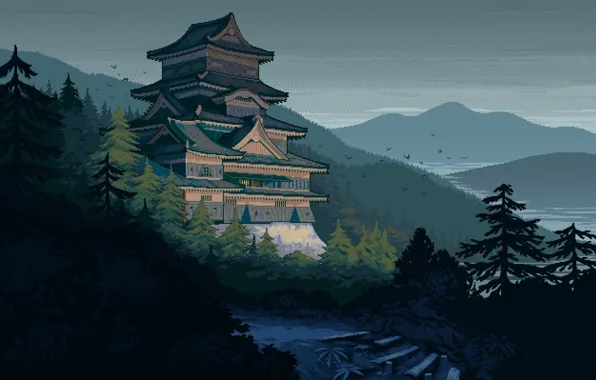 Картинка горы, птицы, река, замок, Япония, ступени, серое небо, феодальная