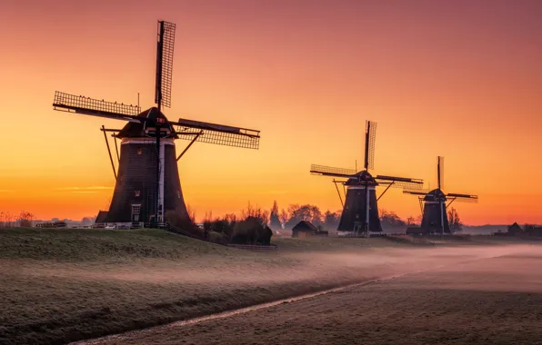 Картинка закат, мельницы, Netherlands, South Holland, Leidschendam