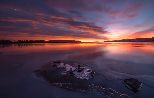 Лед, зима, небо, закат, озеро, Норвегия, Norway, Ole Henrik Skjelstad