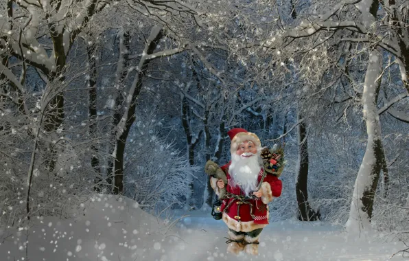 Картинка зима, лес, снег, деревья, праздник, ветви, игрушка, новый год