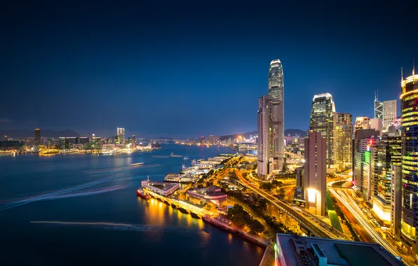 Ночь, город, Гонконг, выдержка, Китай