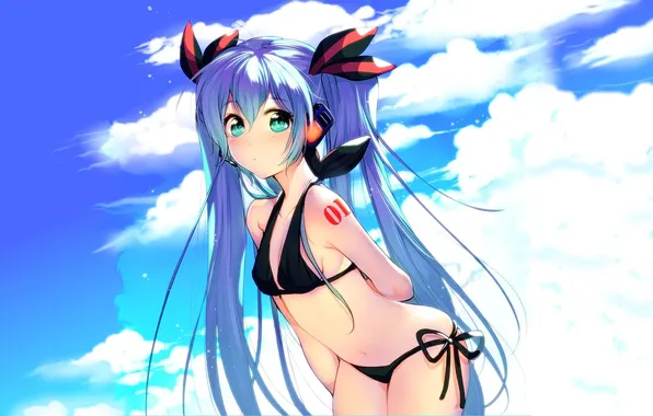 Купальник, небо, девушка, облака, наушники, vocaloid, hatsune miku, вокалоид
