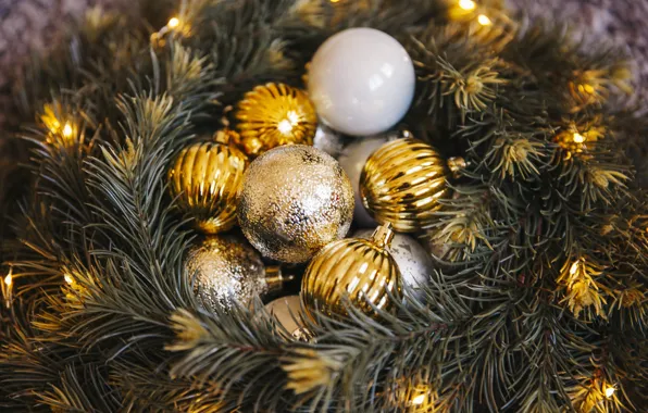 Картинка шары, елка, Новый Год, Рождество, golden, Christmas, balls, New Year