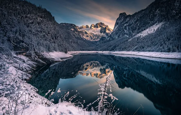 Снег, горы, озеро, отражение, Австрия, Альпы, Austria, Alps