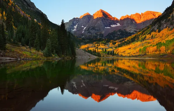 Осень, горы, озеро, отражение, склоны, Колорадо, Colorado, Скалистые горы