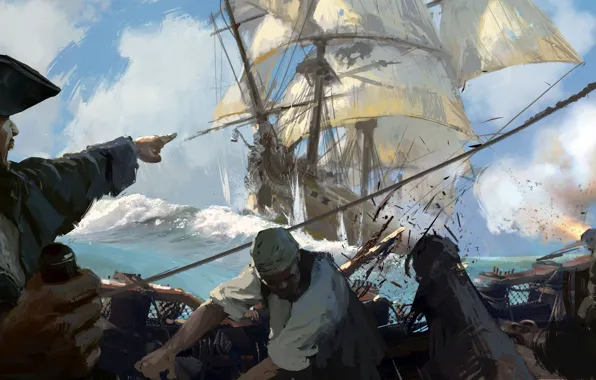 Картинка game, sea, pirate, hat, man, ship, sails, crew