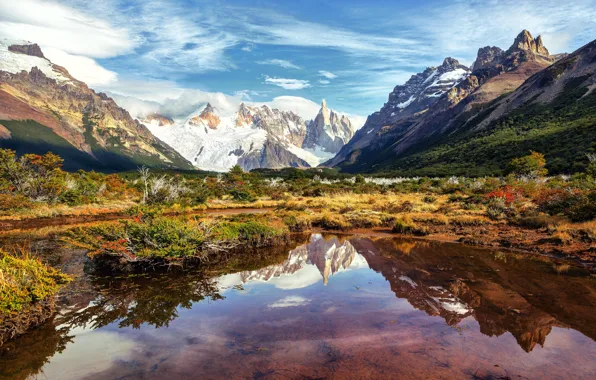 Отражения, горы, озеро, Аргентина, Анды, Южная Америка, Патагония