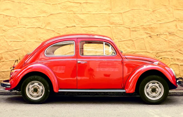 Картинка машина, фон, стена, volkswagen, красная, желтая, beetle