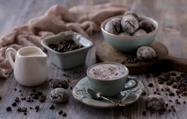 Кофе, печенье, сливки, Чашка, кофейные зерна, шоколадное, crema, Karina Klachuk