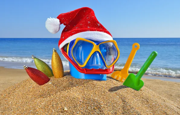 Картинка песок, море, пляж, океан, праздник, игрушки, новый год, рождество
