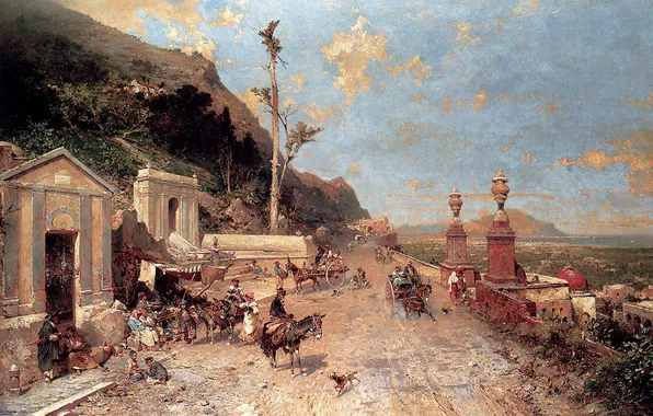 Дорога, небо, горы, картина, развалины, италия, оьлака