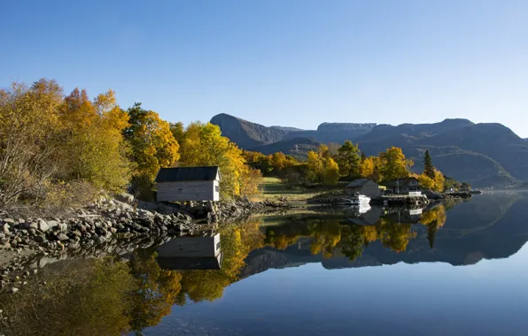 Горы, отражение, Норвегия, домики, Norway, фьорд, Sogn og Fjordane, Midtgulen