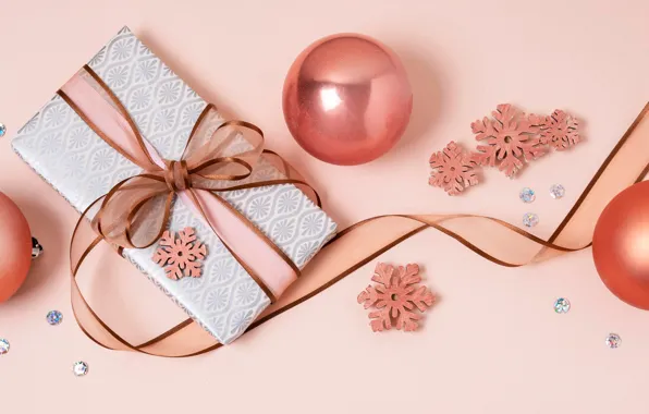 Шарики, снежинки, подарок, шары, Рождество, лента, Новый год, розовый фон