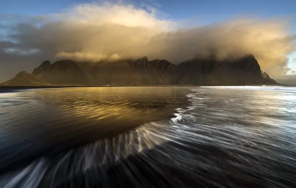 Море, туман, берег, Vestrahorn Islande