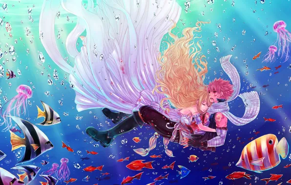 Вода, девушка, рыбы, парень, под водой, anime, art, fairy tail