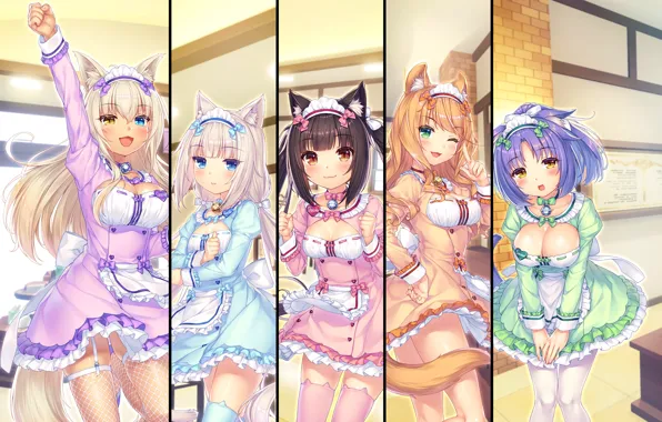Sexy, cleavage, thighhighs, green eyes, long hair, dress, girls, brown hair