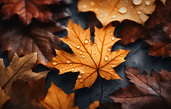 Осень, листья, капли, rain, autumn, leaves, drops