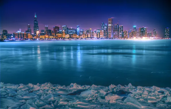 Картинка зима, город, Чикаго, панорама, США, Chicago, Иллиноис, ночь огни