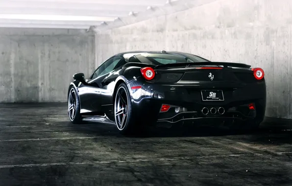 Чёрный, парковка, ferrari, феррари, black, вид сзади, италия, 458 italia