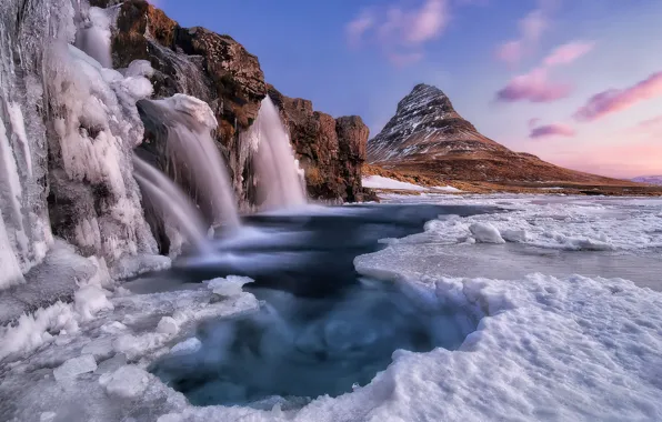 Waterfall, sunrise, iceland, kirkjufell