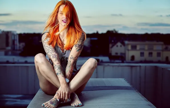 Модель, волосы, майка, тату, рыжая, tattoo girls, Jana Naima Zerlett