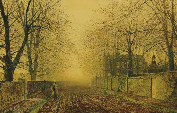 Картинка девушка, деревья, пейзаж, туман, дом, улица, забор, картина