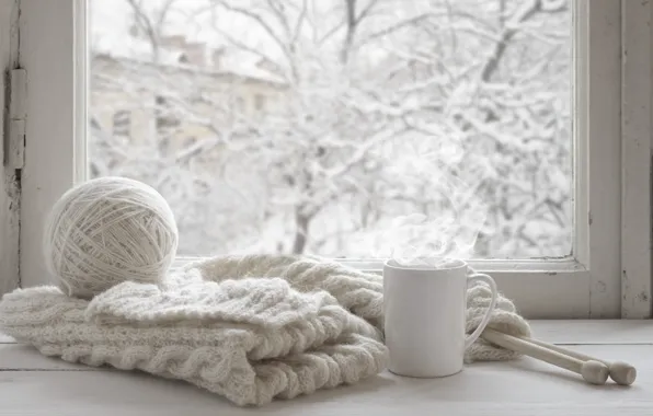 Картинка зима, снег, шерсть, шарф, окно, чашка, hot, winter