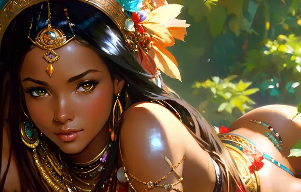 Картинка девушка, украшения, перья, арт, наряд, мулатка, African Closeup