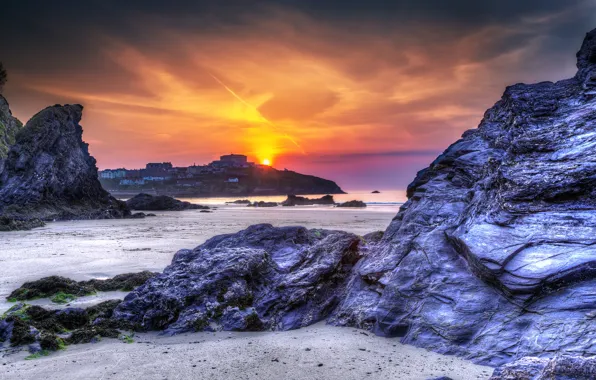 Картинка море, пляж, закат, природа, скалы, England, Newquay