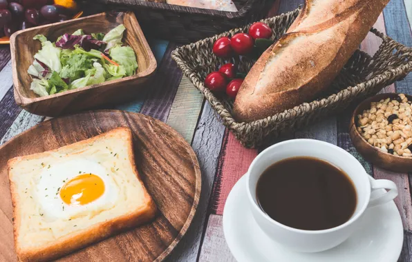 Картинка вишня, кофе, завтрак, хлеб, яичница, салат, булочки, тост