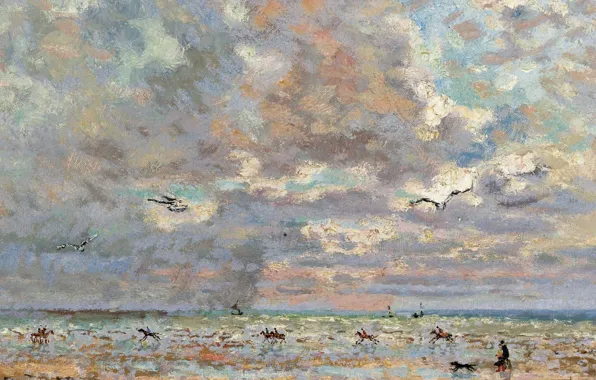 Море, облака, пейзаж, берег, картина, Довиль в Январе, Андре Гамбург, Andre Hambourg